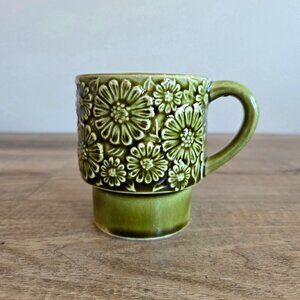 Vintage Midcentury Flower Power Mug Olive Green Embossed Floral Design Japan